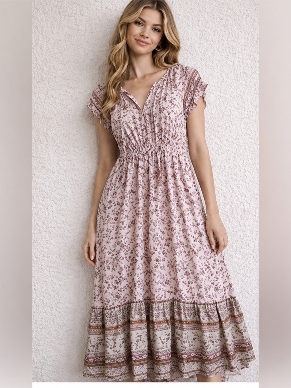 LOVE STITCH -Stitch & Feather Flutter Floral Maxi Dress Cottage Boho Size M NWT